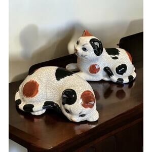 2 VTG 1985 Geo Z Lefton Ceramic Calico Cats Figurines Crackle Glaze Hand Painted